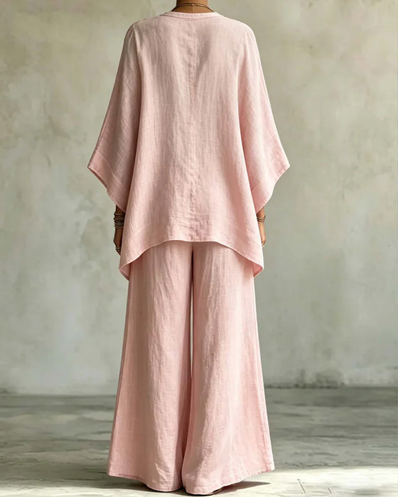 V-Neck Embroidered Wide-Leg Pants Set
