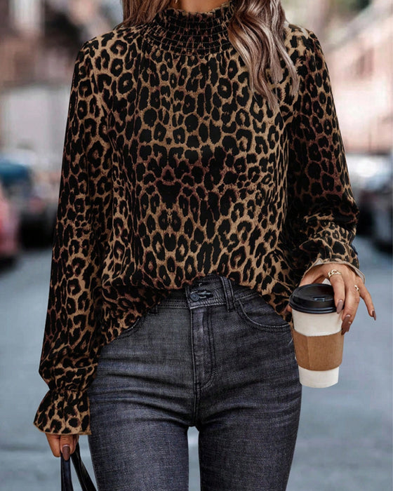 Leopard-Print Long-Sleeve Blouse