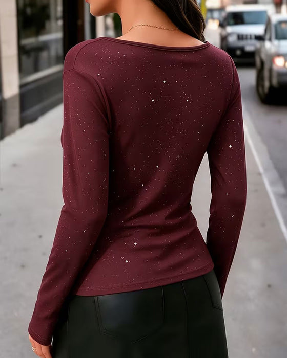 Draped Collar Long Sleeve Top