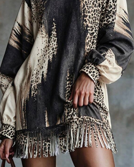 Turtleneck Leopard Color-Block Dress