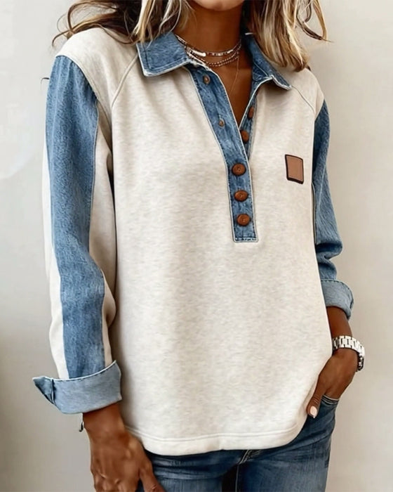 Stylish Denim Patchwork Long-Sleeved Sweatshirt