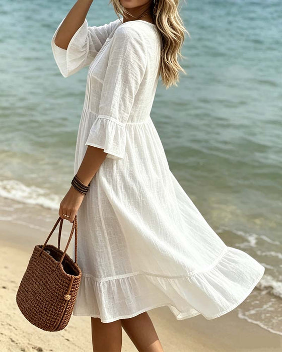 Solid Color V-Neck Pleated Ruffled Dress