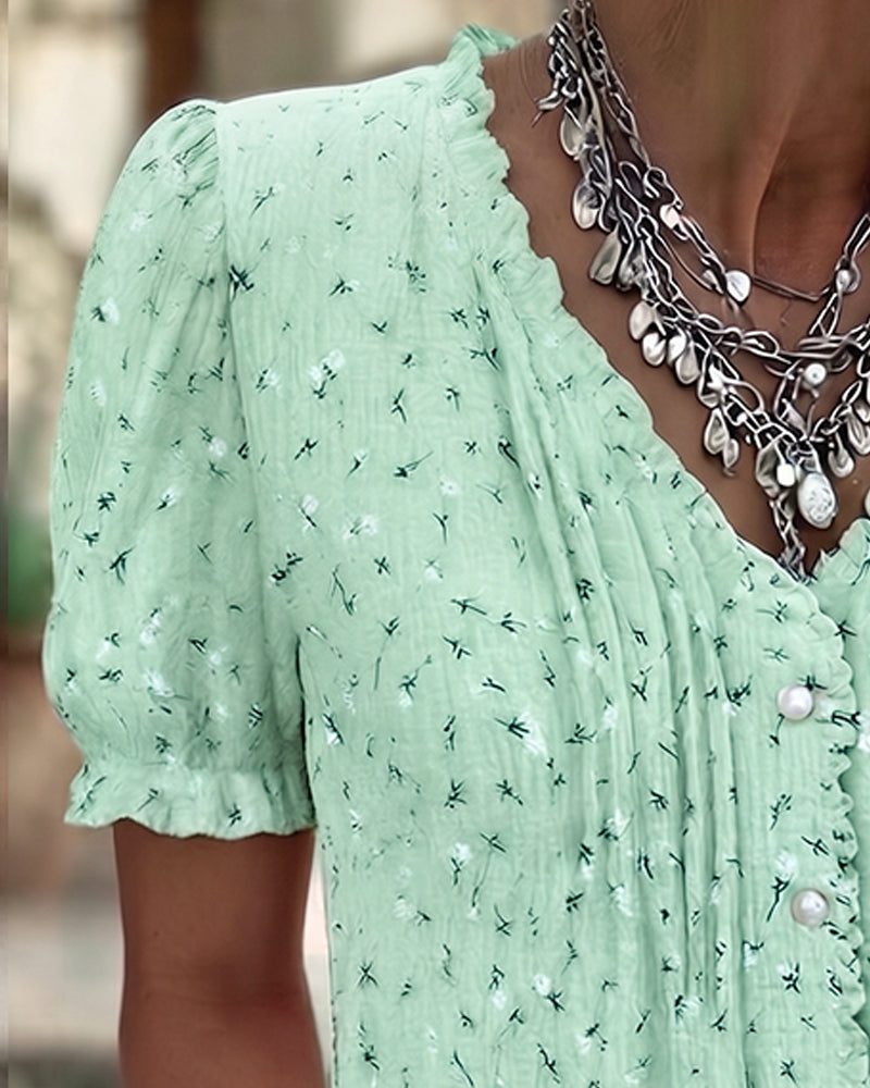 Puff Sleeve Floral Print Short-Sleeve Blouse