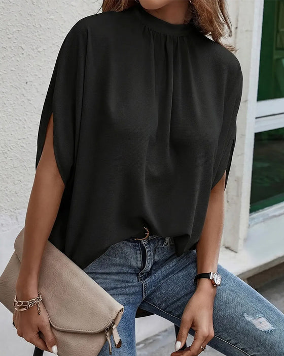 Mock Neck Pleated Three-Quarter Sleeve Solid Blouse