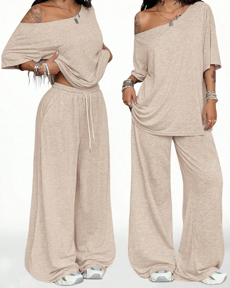 Oblique Neck Drawstring Waist Wide Leg Pants Set
