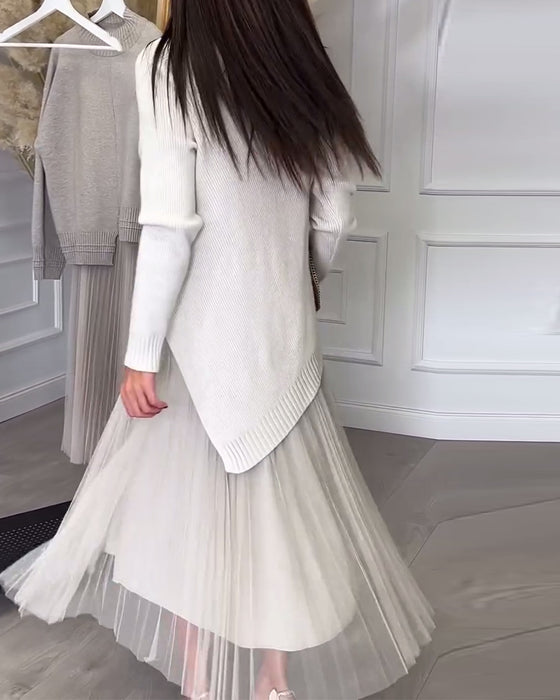 Crew Neck Irregular Pullover And Skirt Two-Piece Set