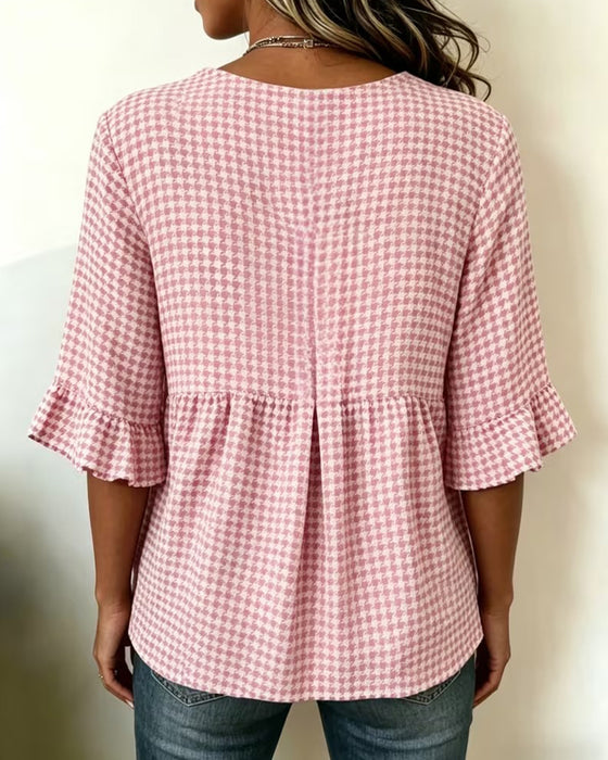 Houndstooth Three-Button Casual Blouse