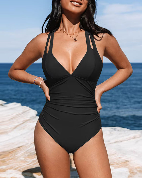 Solid color suspender one-piece swimsuit