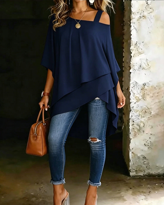 Asymmetric Cold-Shoulder Solid Color Casual Blouse
