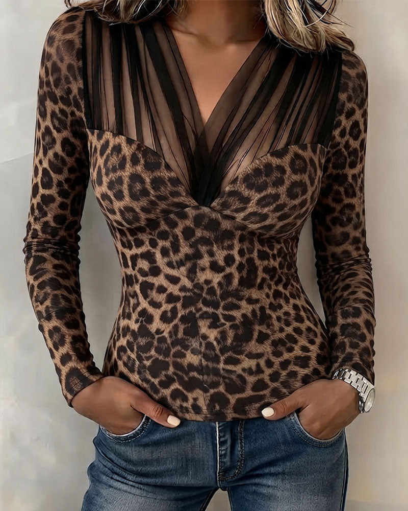 Sheer V-Neck Leopard Top
