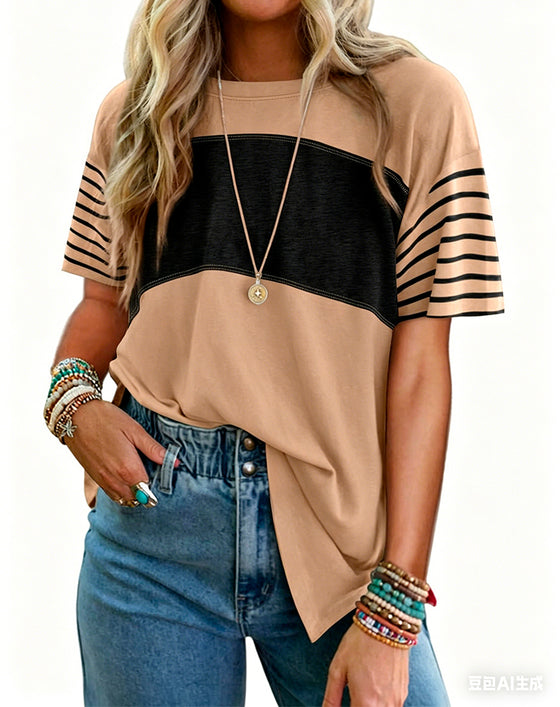 Pullover Striped Color-Block Short-Sleeve T-Shirt