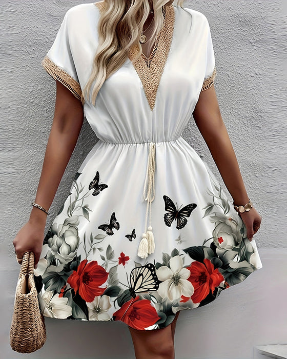 Butterfly print lace v-neck dress