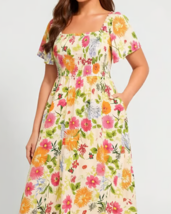 Square Neck Large Floral Midi Dress