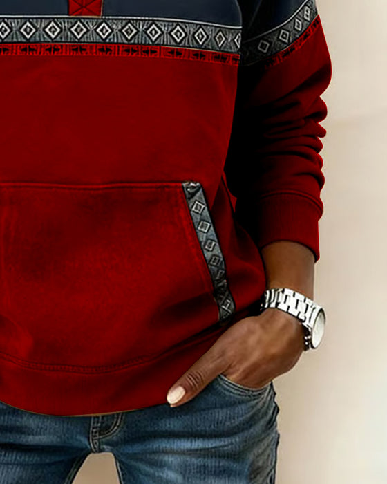 Retro Color-Blocked Fur Collar Sweatshirt