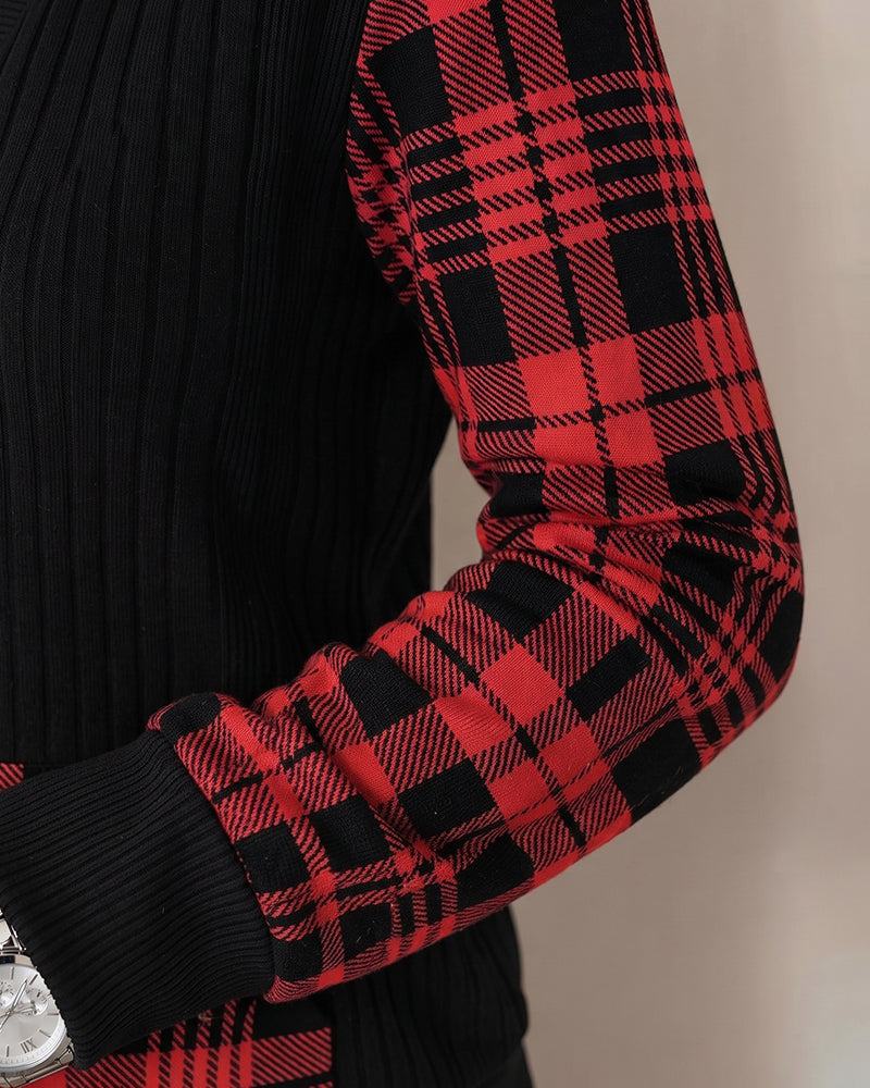 Plaid Patchwork Long-Sleeve Hoodie
