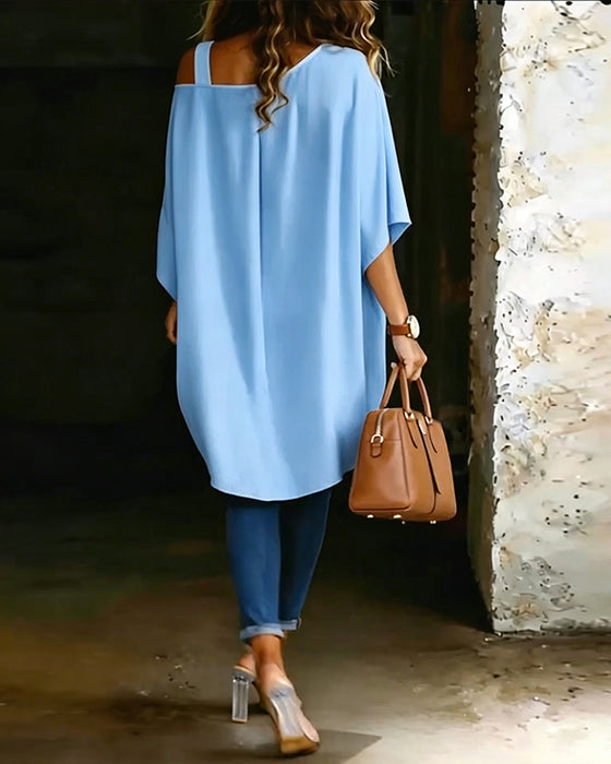 Asymmetric Cold-Shoulder Solid Color Casual Blouse