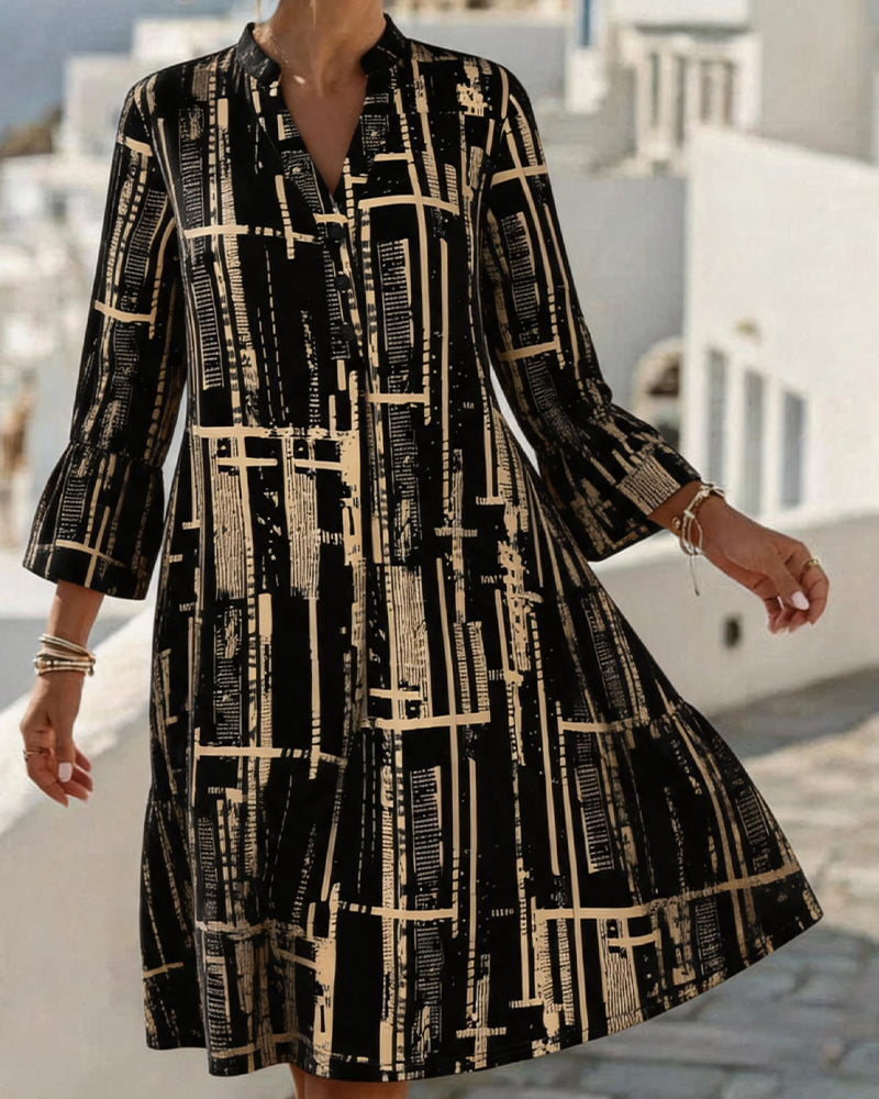Mandarin V Neck Loose Stripe Dress