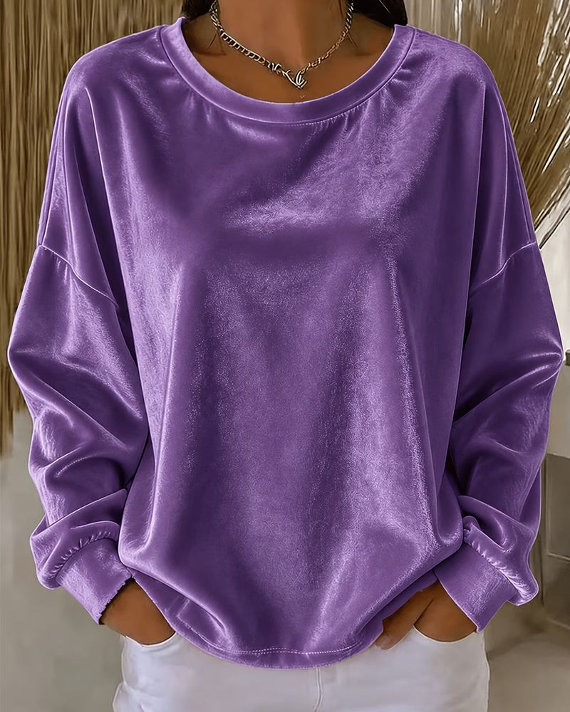 Crew Neck Drop Shoulder Relaxed Long Sleeve Blouse