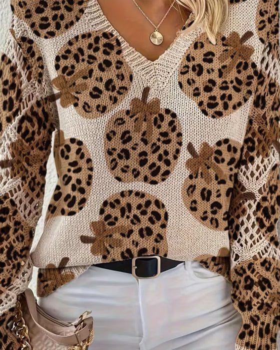 Leopard Pumpkin V-Neck Hollow Out Pullover