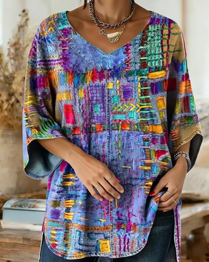 Colorful Geometric Print Wide-Sleeved Blouse