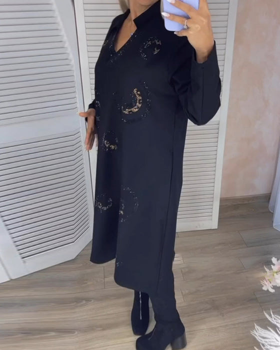 Lapel Long Sleeve Midi Dress