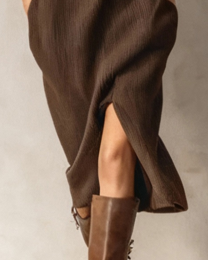 Buttoned Turtleneck Slit Hem Dress