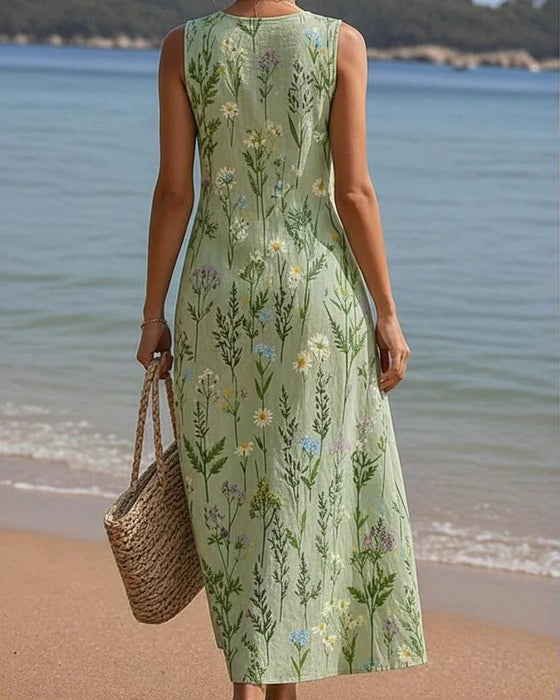 Diagonal Button Sleeveless V-Neck Floral Dress