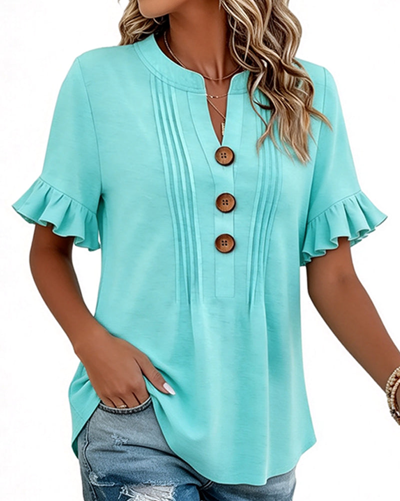 Solid Color Ruffled Short-Sleeved Blouse