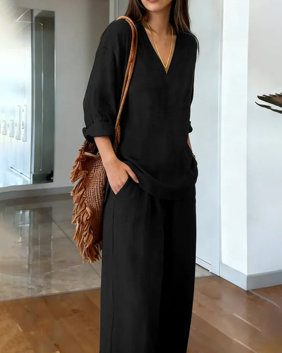 V-Neck Draped High Waist Wide Leg Set