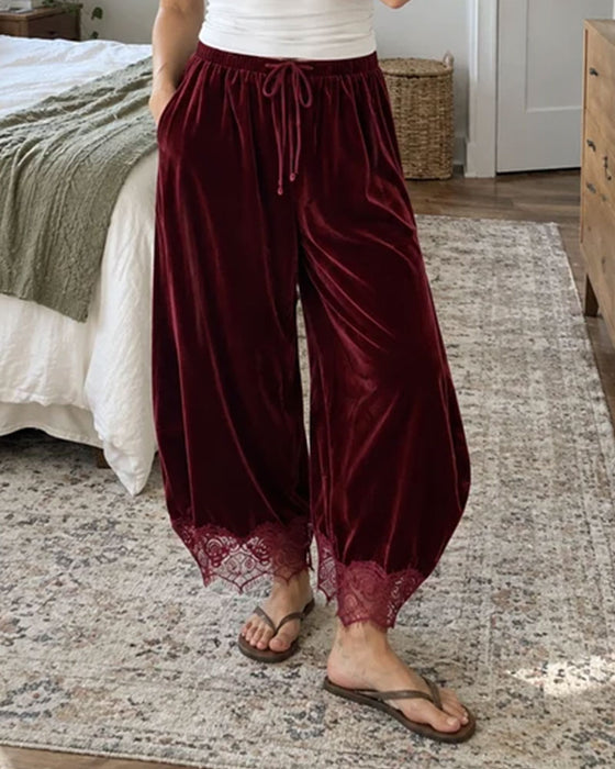 Elastic Waist Lace Stitching Wide Leg Pants