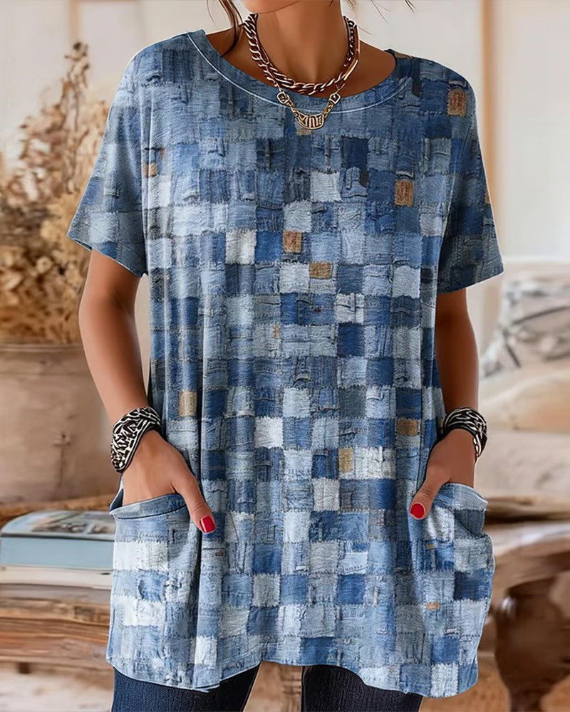 Colored Check Print Short Sleeve T-Shirt