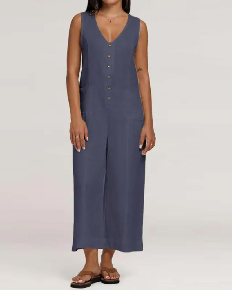 V-Neck Single-Breasted Sleeveless Jumpsuit