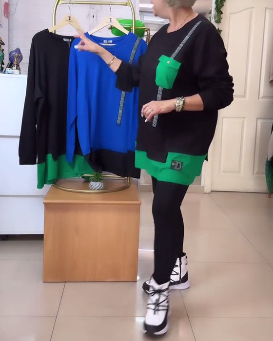 Casual Round Neck Pocket Contrast Color Sweatshirt