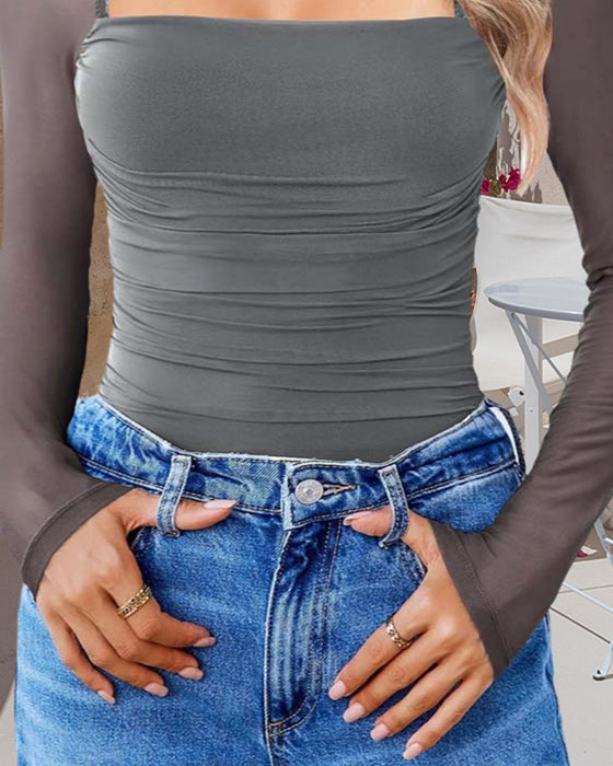 Square Neck Mesh Panel Long Sleeve Top