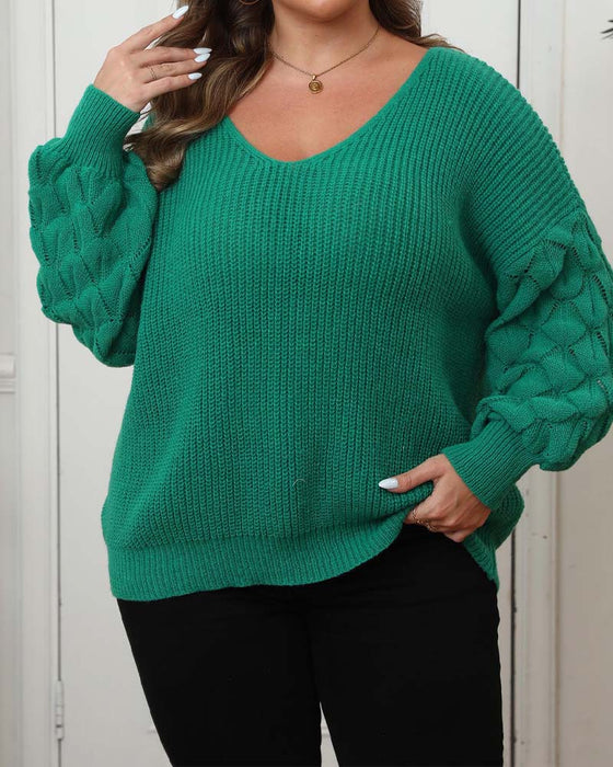 Puff Sleeve V-Neck Knit Pullover