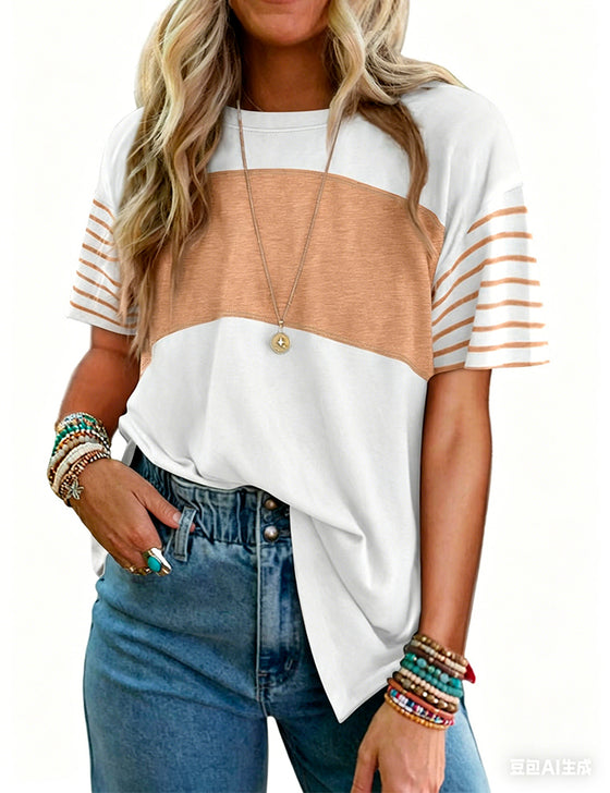 Pullover Striped Color-Block Short-Sleeve T-Shirt