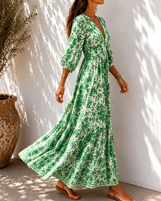 Blue Porcelain Print Waist-Cinched Dresses