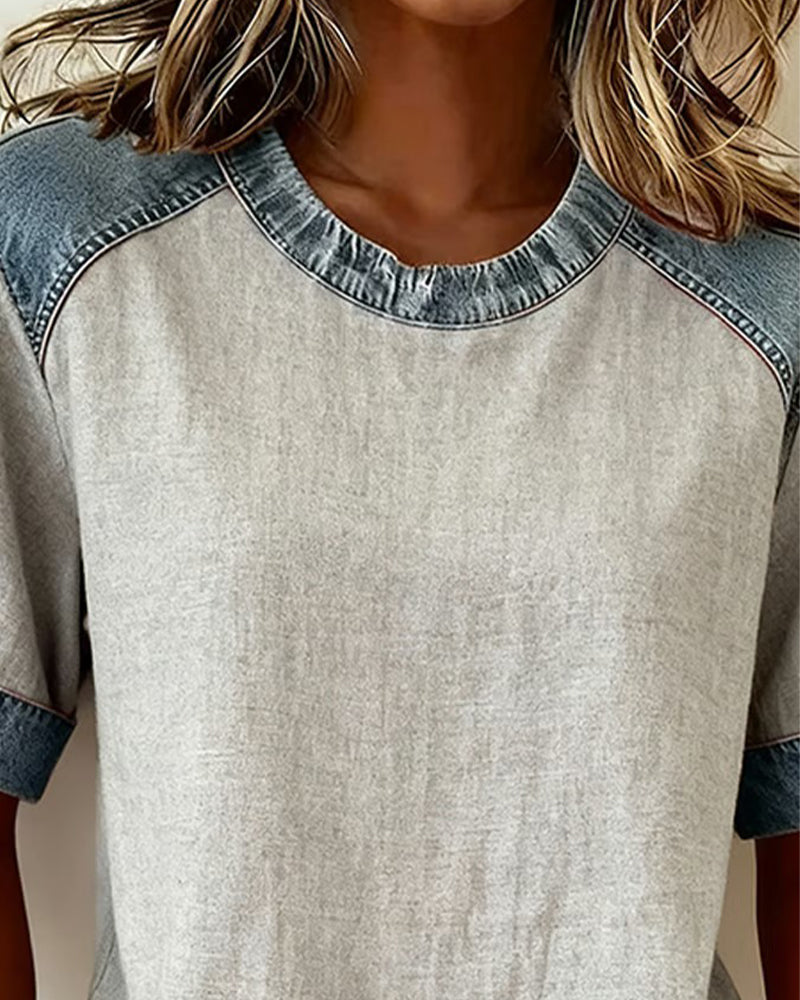 Denim Patchwork Short-Sleeved Top