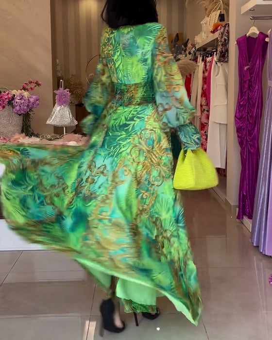 Deep V waisted high-end printed dress