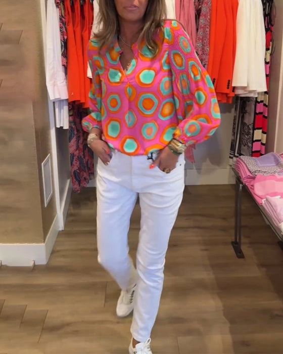 Geometric print long sleeve casual blouse