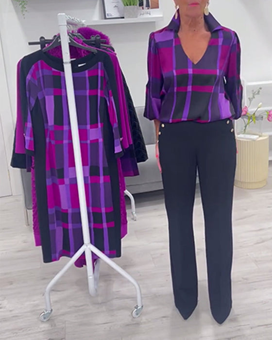 Lapel V-neck large plaid blouse