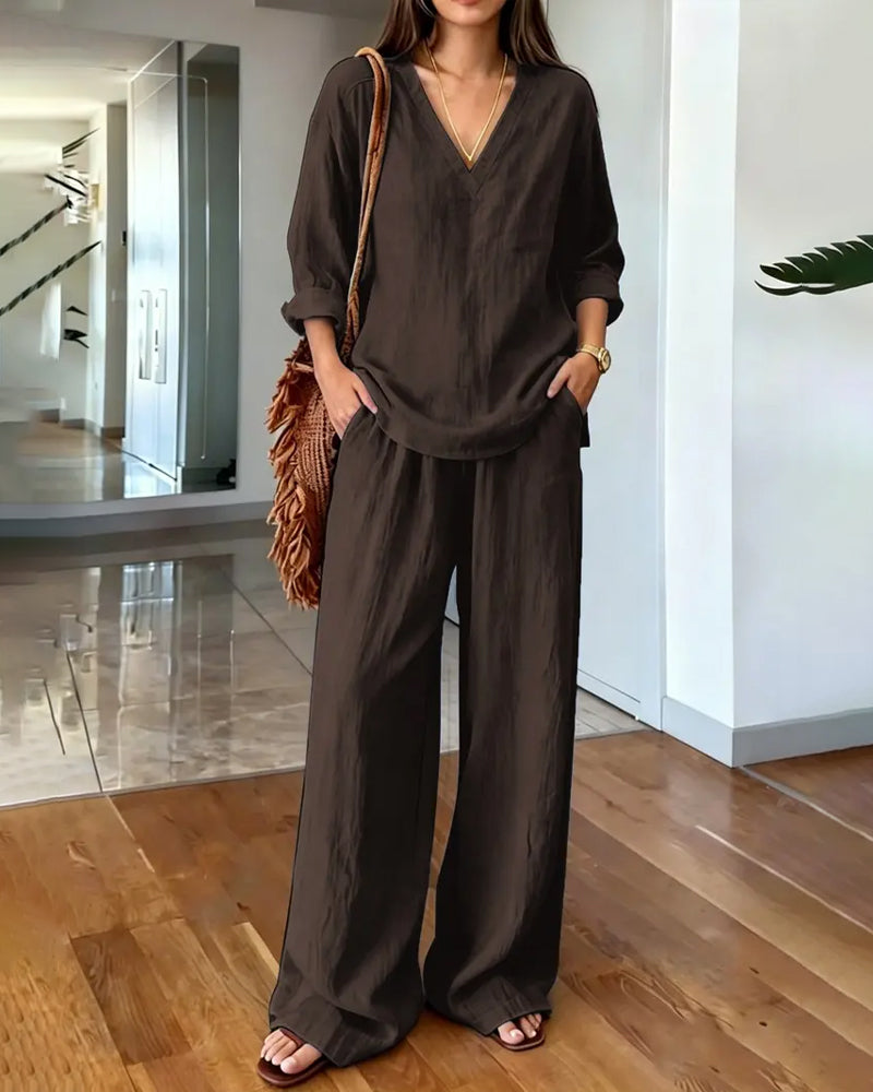 V-Neck Draped High Waist Wide Leg Set