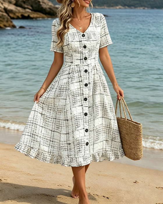 V-Neck Plaid Button Ruffle Dress