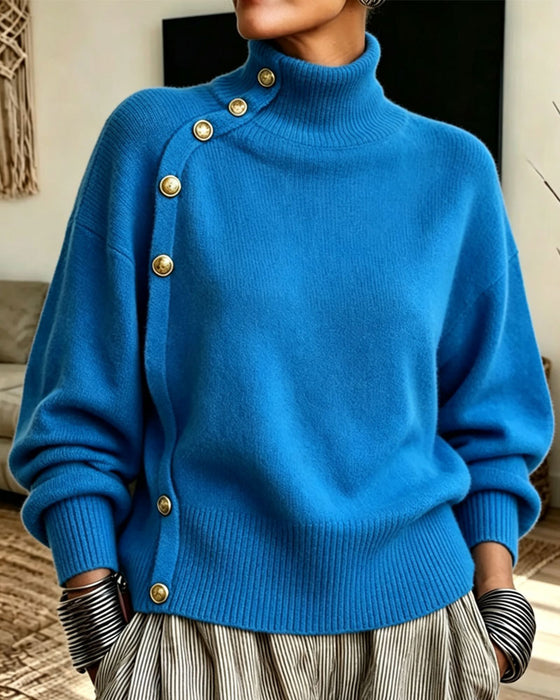 Diagonal Metal Button Turtleneck Pullover