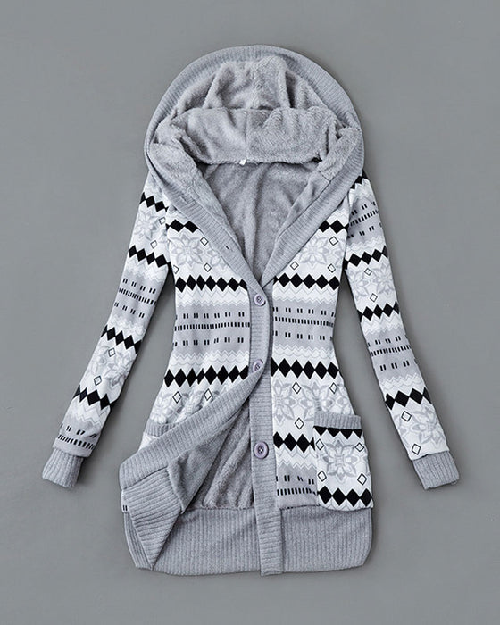 Printed Hooded Button Down Coat
