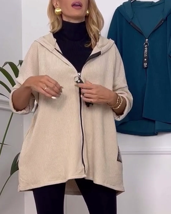 Casual solid color zipper hooded coat