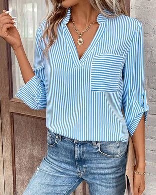 V-neck striped print casual blouse