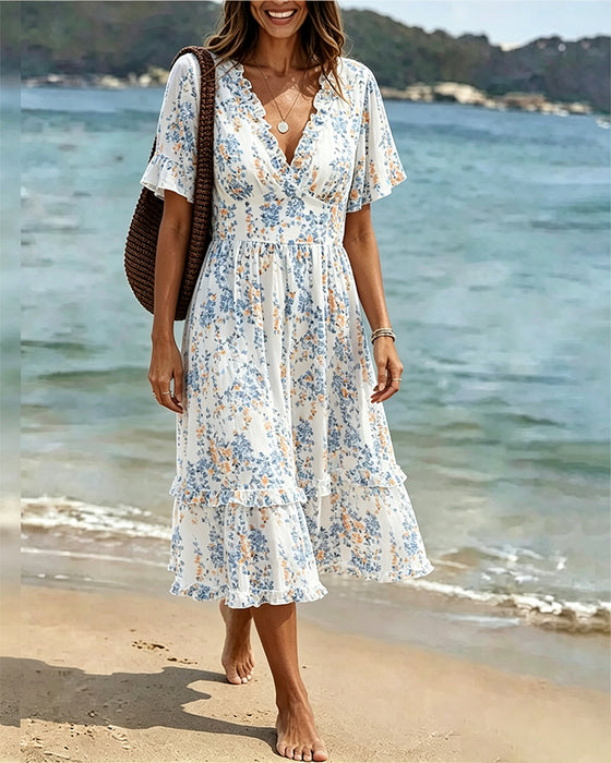 Floral Ruffle V-Neck Patchwork Dress