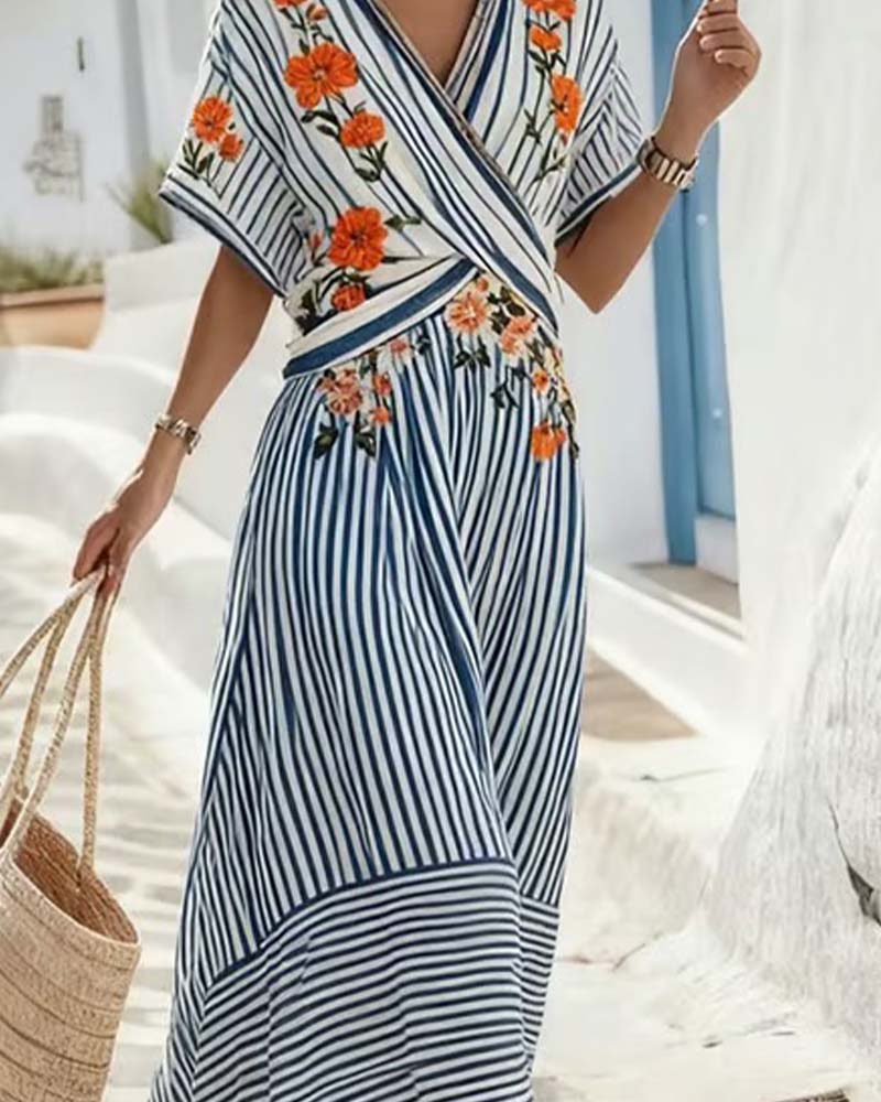 Striped V-Neck Wrap Maxi Dress