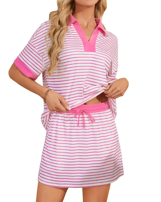 Contrast Stripe Polo Short Sleeve Skirt Set